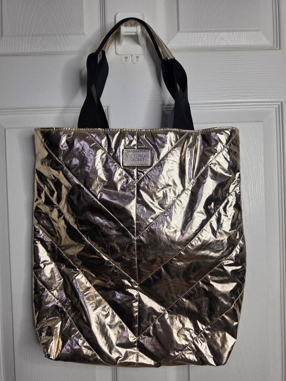 Victoria's Secret Metallic Rose Gold Quilted Tote with Black Straps